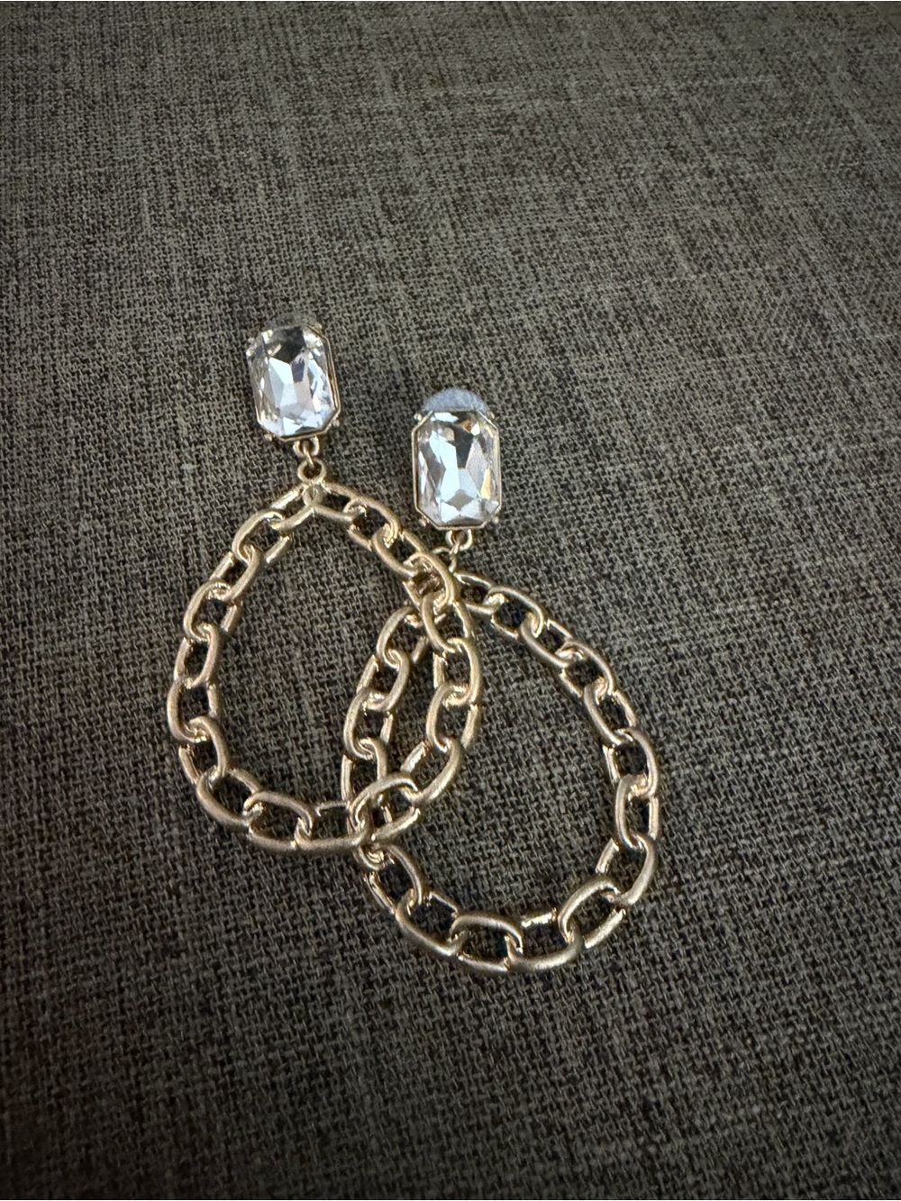 Gold Chain Hoop Drop Earrings with Clear Crystal Studs